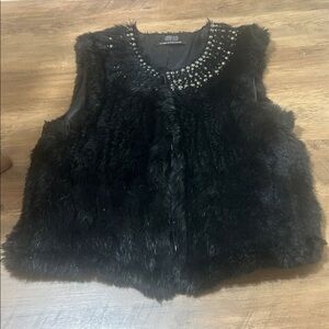Black real rabbit Fur Vest with Studded Collar
